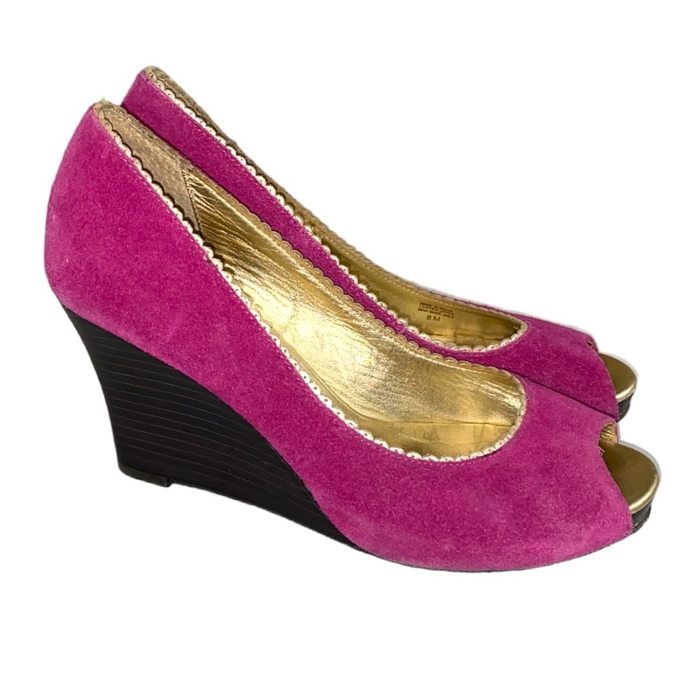 Lilly Pulitzer Pink Resort Chic Wedge Scallop Suede Shoes Size 8M